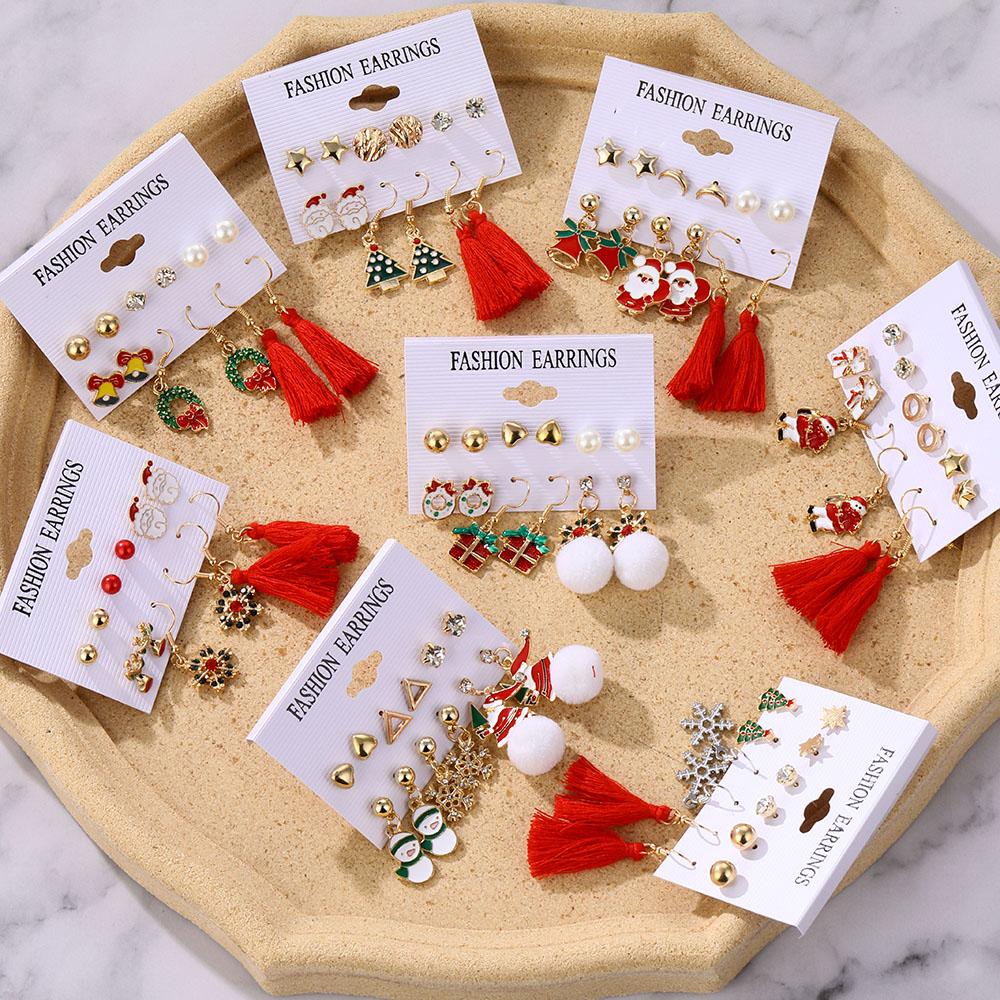 Set 6 Paia Orecchini Pendenti A Tema Natalizio - Babbo Natale, Fiocchi Di Neve, Alberelli