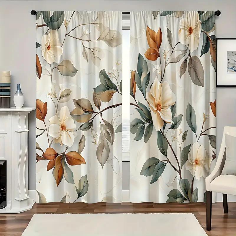 2pcs - Colorful Leaves and Flowers Printed Curtains, Suitable for Home Decoration In Bedrooms Living Rooms