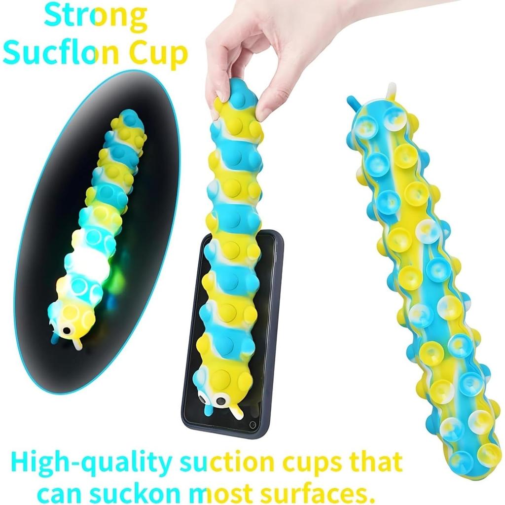 1Pc 3D Caterpillar Fidget Toy with 10 Seconds Light-Up, Silicone Suction Slug Fidget Sensory Toys, Anti-Anxiety Finger Strength Trainer