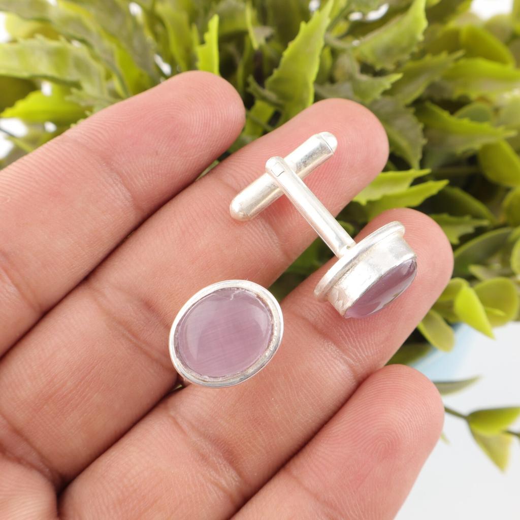 Natural Purple Cat's Eye Gemstone 925 Sterling Silver Jewelry Cufflinks 0.59" CL-2-23