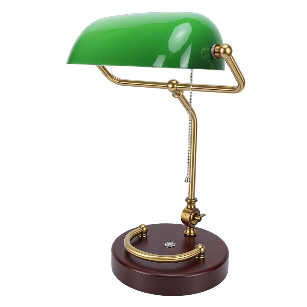 Vintage Schreibtischlampe 350 Grad drehbar Antike Tischlampe mit Zugschalter Holzsockel Glasschirm für Schlafzimmer Wohnzimmer