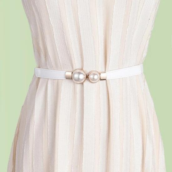 Women Waist Belt Elastic Thin Versatile Adjustable Faux Leather Creative Pearl Buckle Ladies Waistband Dress Belt for Daily Wear