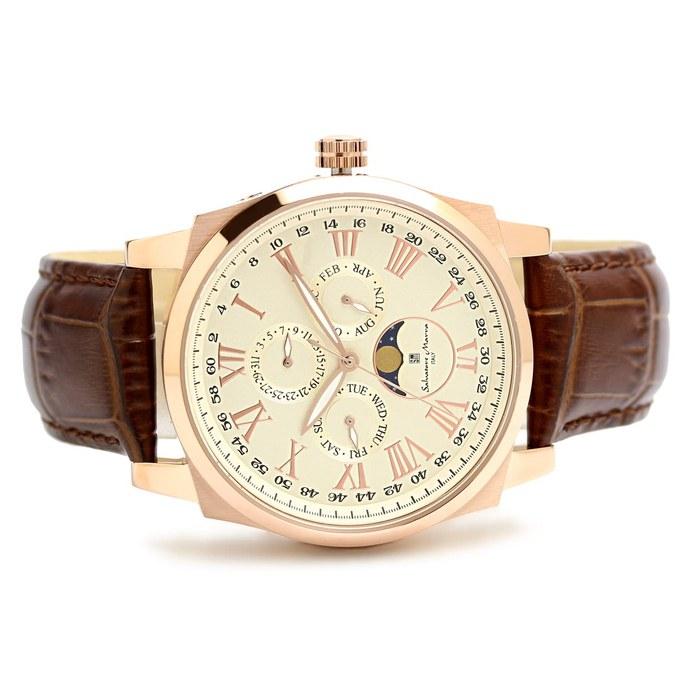 [Salvatore Marra] Watch Moon Phase Multi-Calendar 5 ATM Water Resistant Business Formal Men's Leather Band Limited Model White Pink Gold