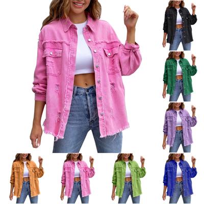 Womens Denim Jacket Button Down Shirts Distressed Frayed Coat  With Pockets