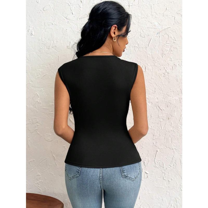 DAFIFY Women's Fashion Casual Summer Spring Solid Color Print Sleeveless Oblique Collark Blouses & Shirts