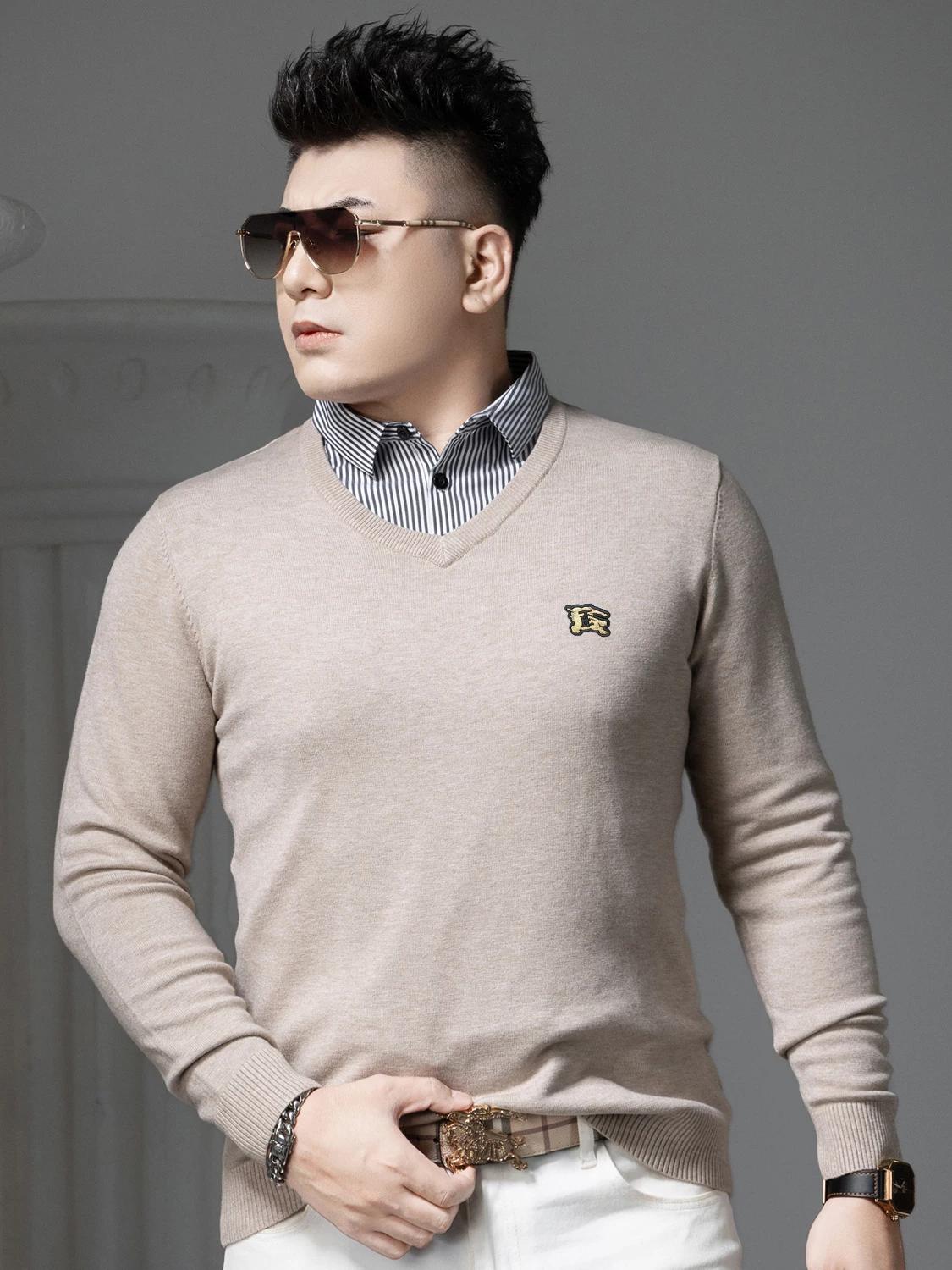 

European-Style Fake Two-Piece Sweater for Men, 2025 Autumn and Winter New Trendy Brand V-Neck Knitwear, Warm Knitted Base Shirt L темно-серого