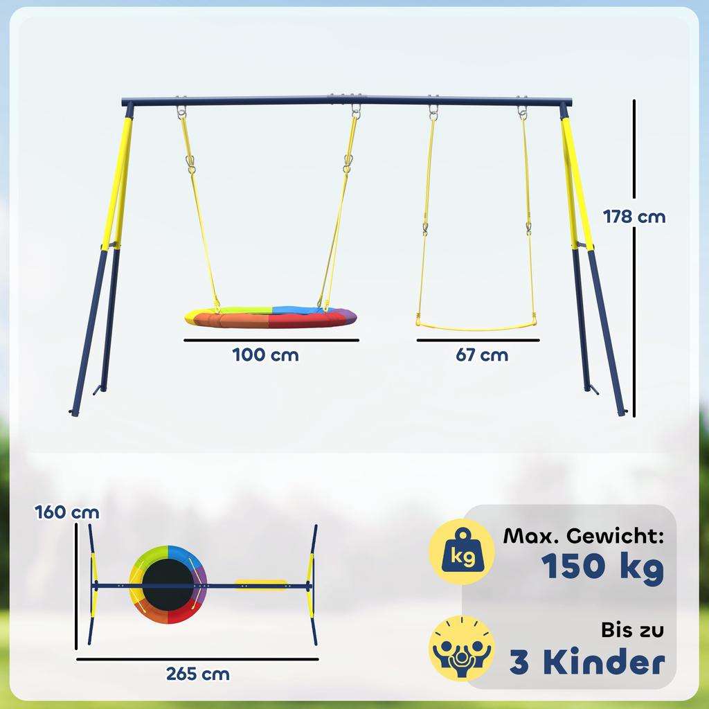 Kids Swing Set with Double Swings, Outdoor Playset with Adjustable Ropes, Metal Frame for Ages 3-8, 150kg Capacity