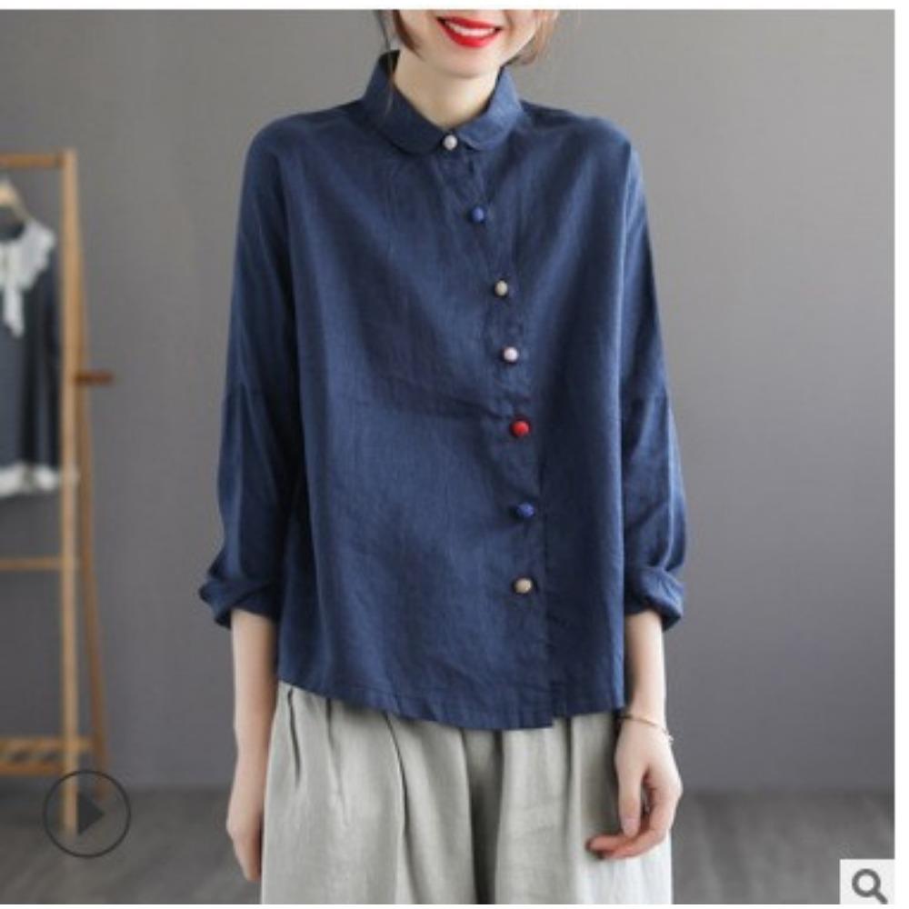 

Новинка осени, рубашка на пуговицах с диагональной планкой, льняной трехцветный по желанию, повседневный свободный топ в стиле ретро с короткими рукавами для женщин XXL