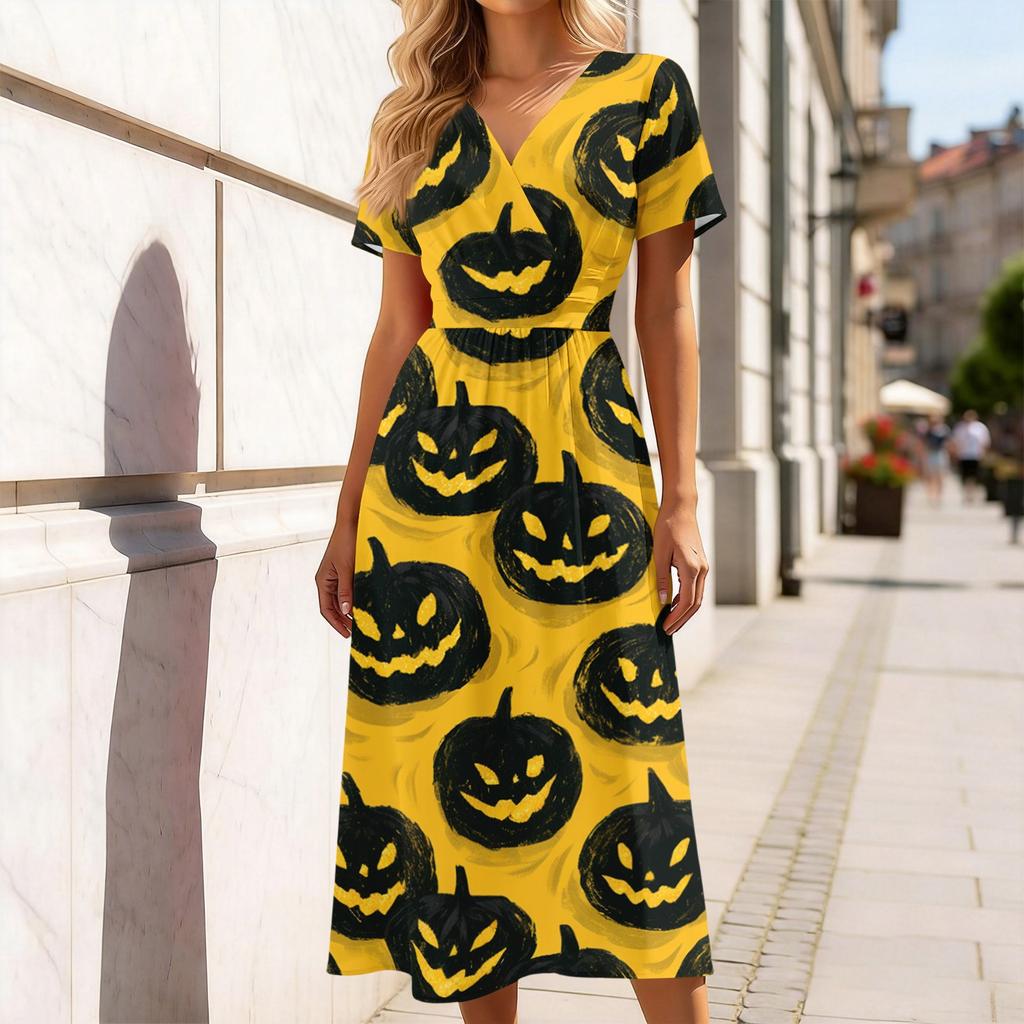 Women's Casual Halloween Print Dress V-Neck Short Sleeve for Party and Daily Wear