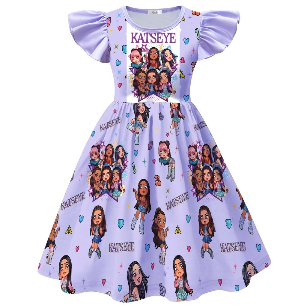88455 Kids Girls Korea KATSEYE Printed Ruffle Casual Dress 110cm фиолетовый