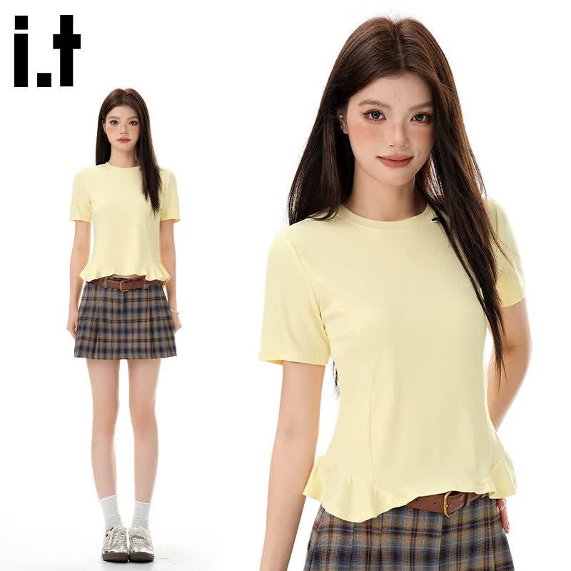 CHOCOOLATE Women s Ruffle Trim Round Neck T-shirt L жёлтый