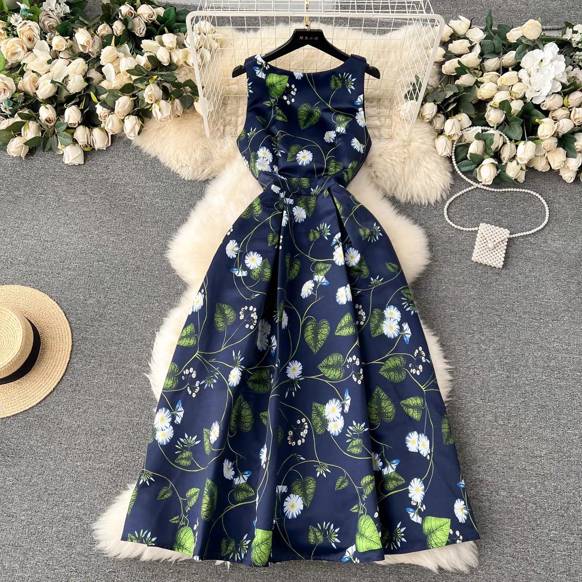 

Женское платье-майка с цветочным принтом, элегантное модное летнее платье трапециевидной формы с круглым вырезом без рукавов и высокой талией, вечернее платье-майка для взлетно-посадочной полосы XXL