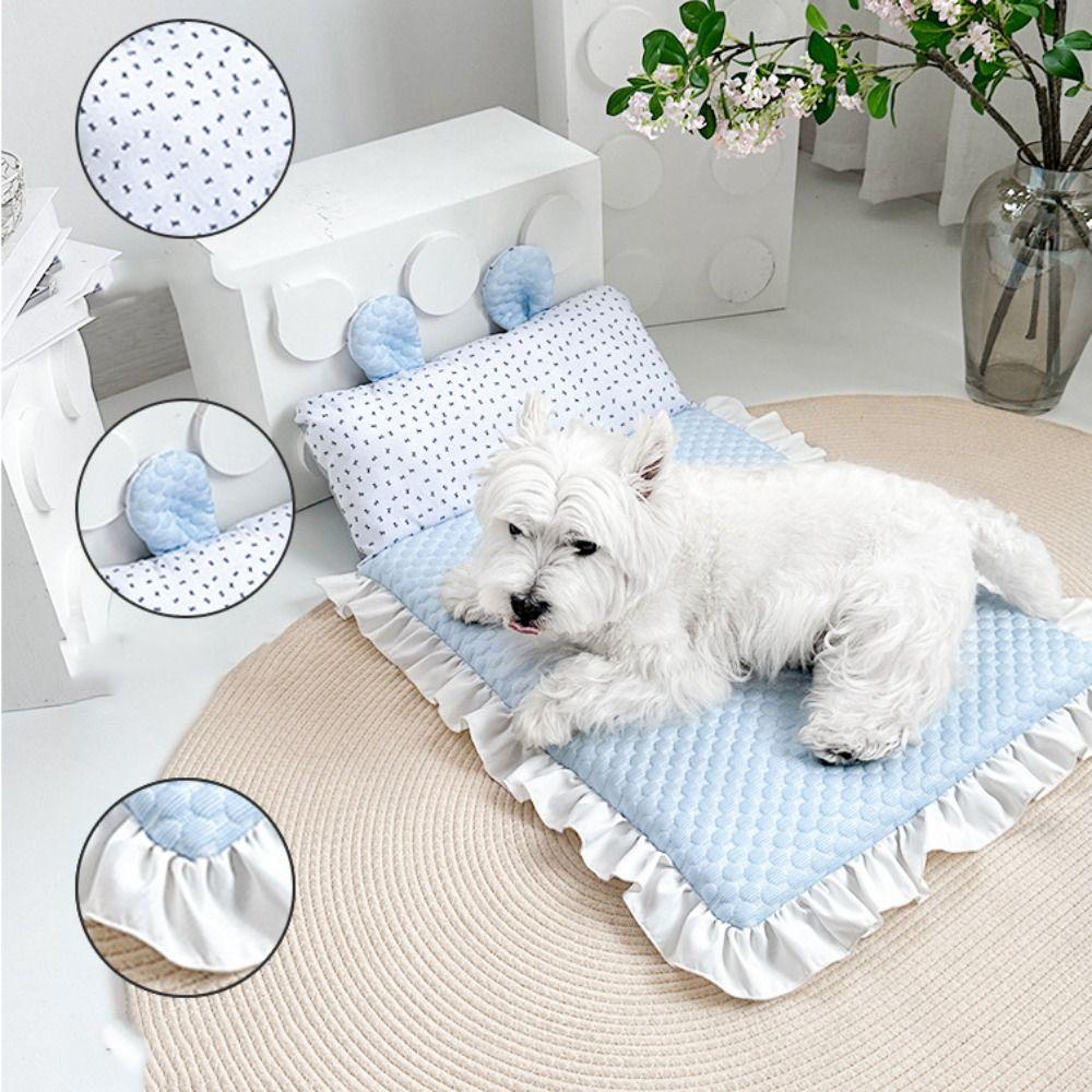 Ice Silk Fabric Pet Cooling Mat Washable Cooling Pet Bed Cute Ears Breathable Dog Bed Summer Use