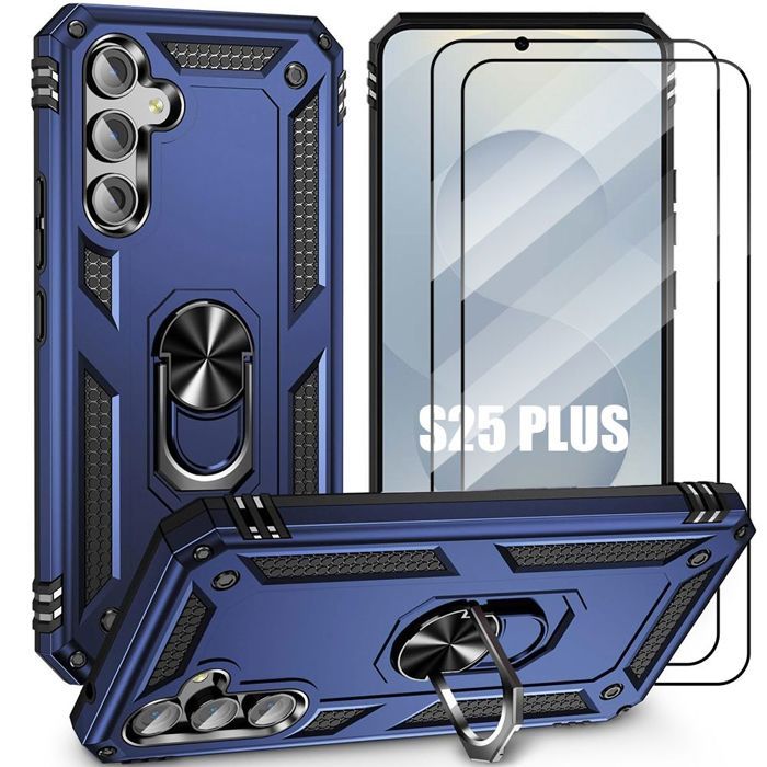 Coque de protection - BOOLING - pour Samsung Galaxy S25 Plus - Bleu Marine - 2 Verres Trempés - Anneau Rotatif