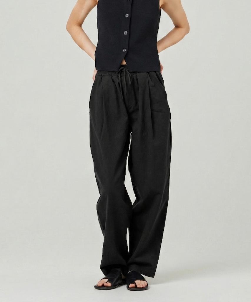 EASE Linen Elastic Waist Pants [Oversized Fit]_Black_Unisex