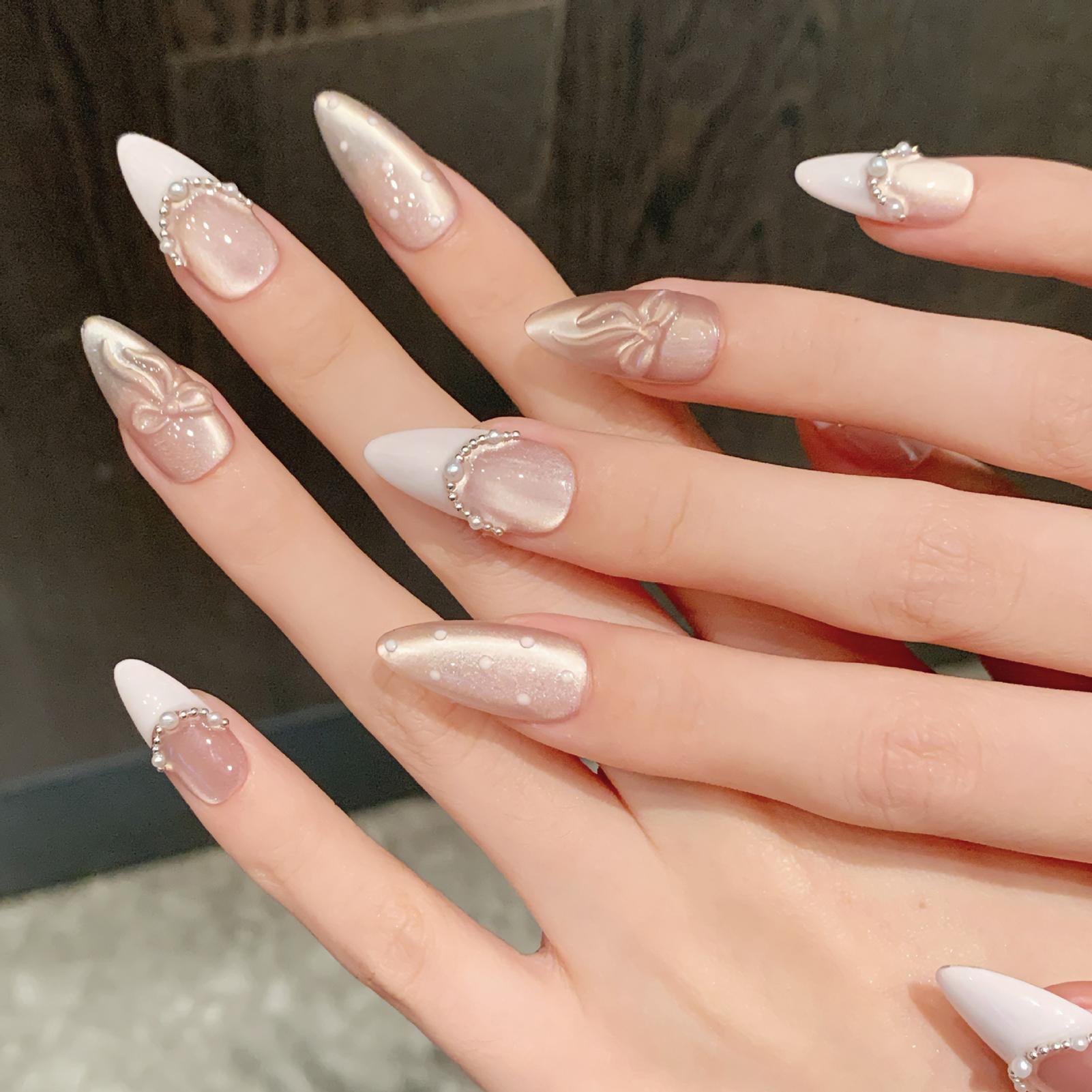 10Pcs False Nails Pink Dream Cat s Eye Press On Nails Almond Shape Nail Tips For Women Girls XS розовый
