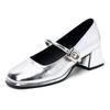 Silberne Mary Jane Schuhe 2025 Sommer neu Französisch dicker Absatz Einzelne Schuhe Feenstil mit Rock Ein Wort mit hohen Absätzen