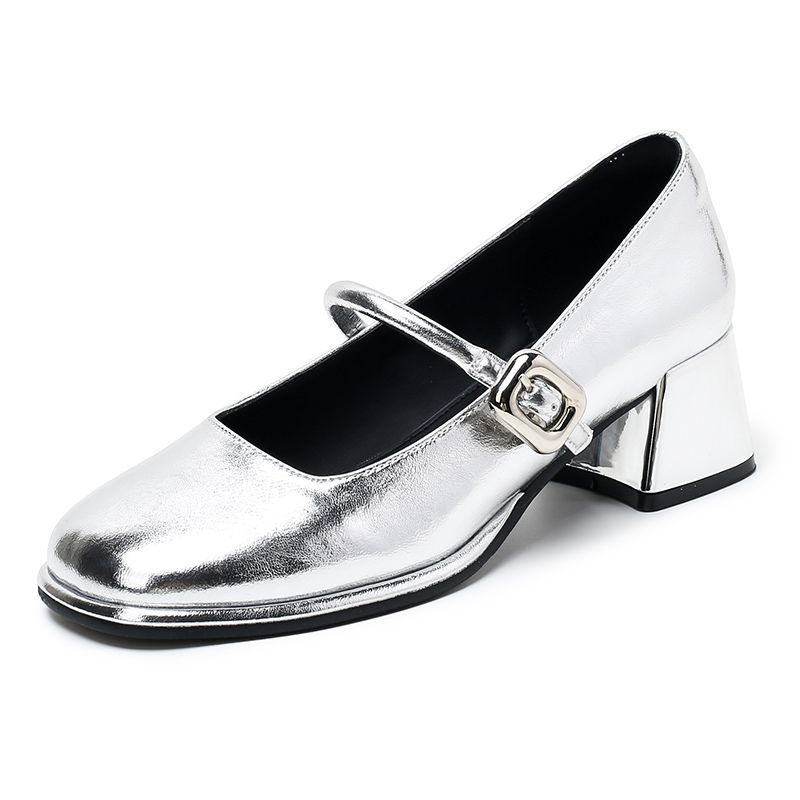 Silberne Mary Jane Schuhe 2025 Sommer neu Französisch dicker Absatz Einzelne Schuhe Feenstil mit Rock Ein Wort mit hohen Absätzen