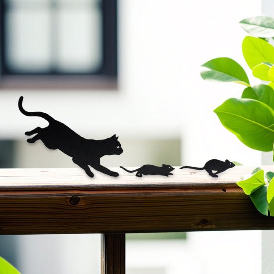 Kovová zahradní cedule s kočkou, snadná instalace, ozdoba s kočkou honící myš, černá kočka, silueta, dekorace na zahradě pro milovníky koček, zahradní plot