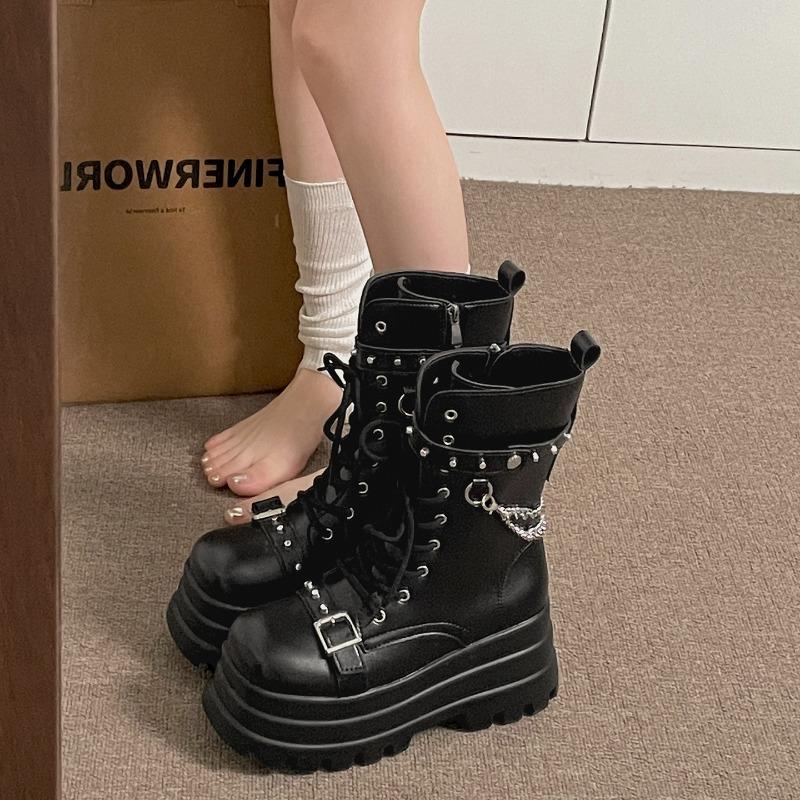 Fashion Platform Thick Gothic Boots Women Buckle Autumn Shoes Wedges Mid-calf Boots Punk StyleStreet Cosplay Chain Motorcycle Botines