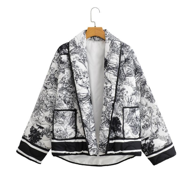 Printed Double Pocket Cotton Jacket Women Flower Printed Loose Casual Thickened Warm Coat Long Sleeve Cardigan Autumn Winter New Fashion