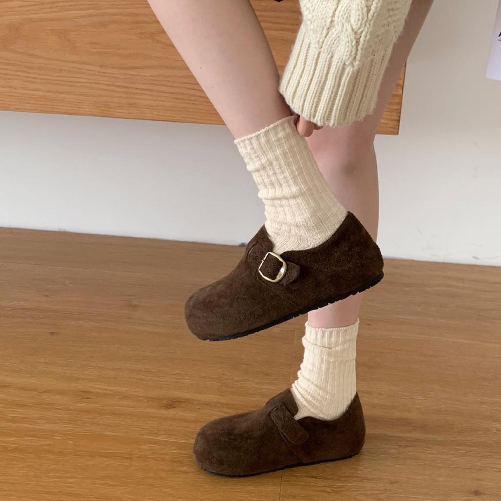 2025 Winter New Retro Velvet Warm Versatile Lazy Round Head One Pedal Soft-soled Shoes Women Wear