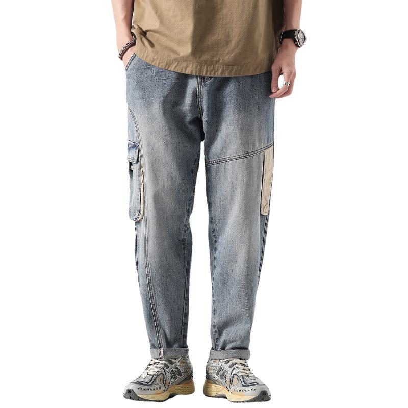Japanese Trendy Brand Splicing Overalls Male Dad Loose Small Straight Harlan Pants Washed Retro Big Pocket Jeans
