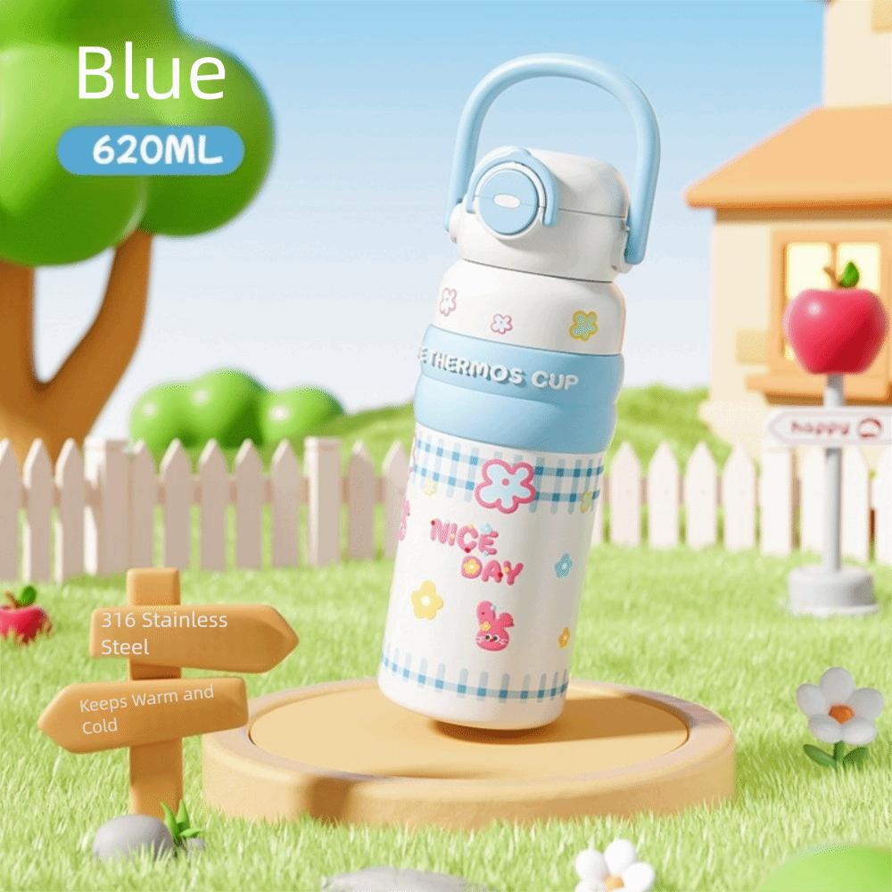 

620 мл Изолированная чашка Большой вместимости Двойная чашка с мультяшной соломинкой Тепло- и холодоизоляция с ручкой Бутылка с вакуумной изоляцией 620ml синий