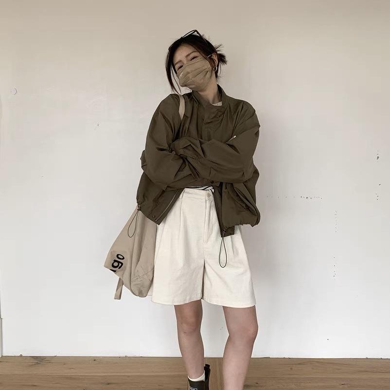 Army Green High-Waist Stand-Collar Windbreaker - New Autumn and Spring Style Jacket