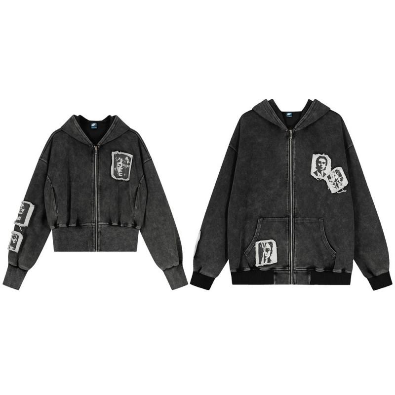 Unisex Punk Vintage Washed Hooded Zip-Up Sweatshirt With Embroidered Character Patch Streetwear Loose Fit