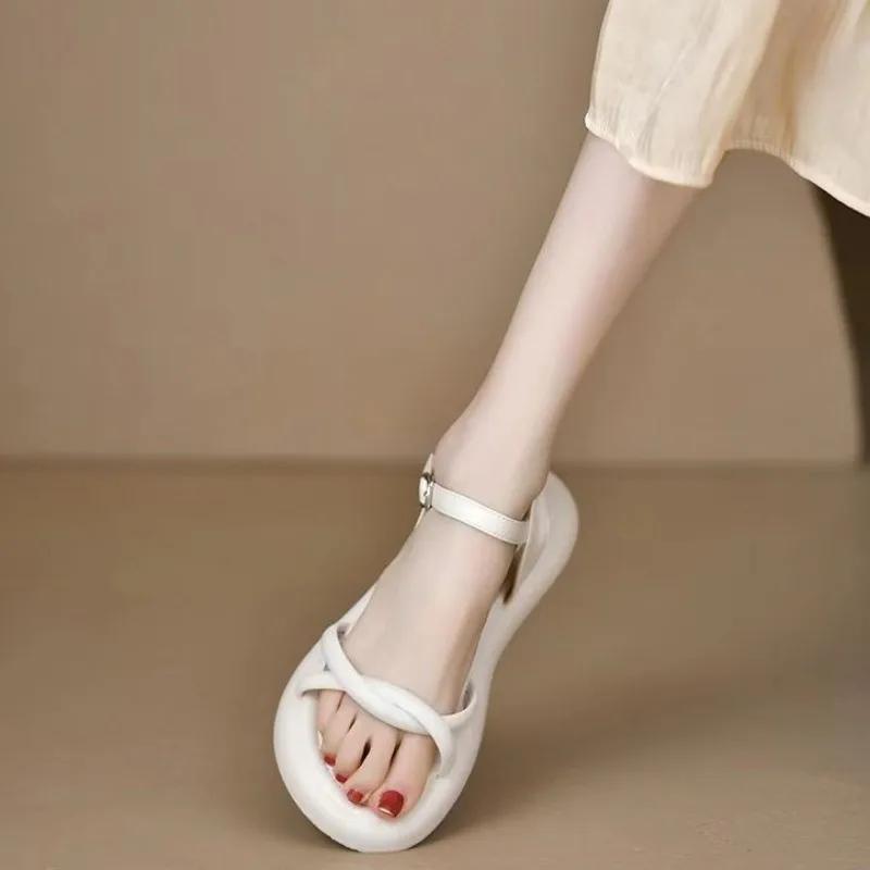 Fashion Ladies Shoes Outdoor Summer 2024 One Word Beach Open Toe Sandals for Women Flat Rubber Footwear Buckles No Heel Chic and Elegant