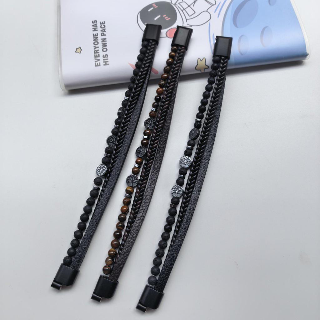 Men's Multi-layer Handwoven Leather Bracelet with Natural Stone Hematite