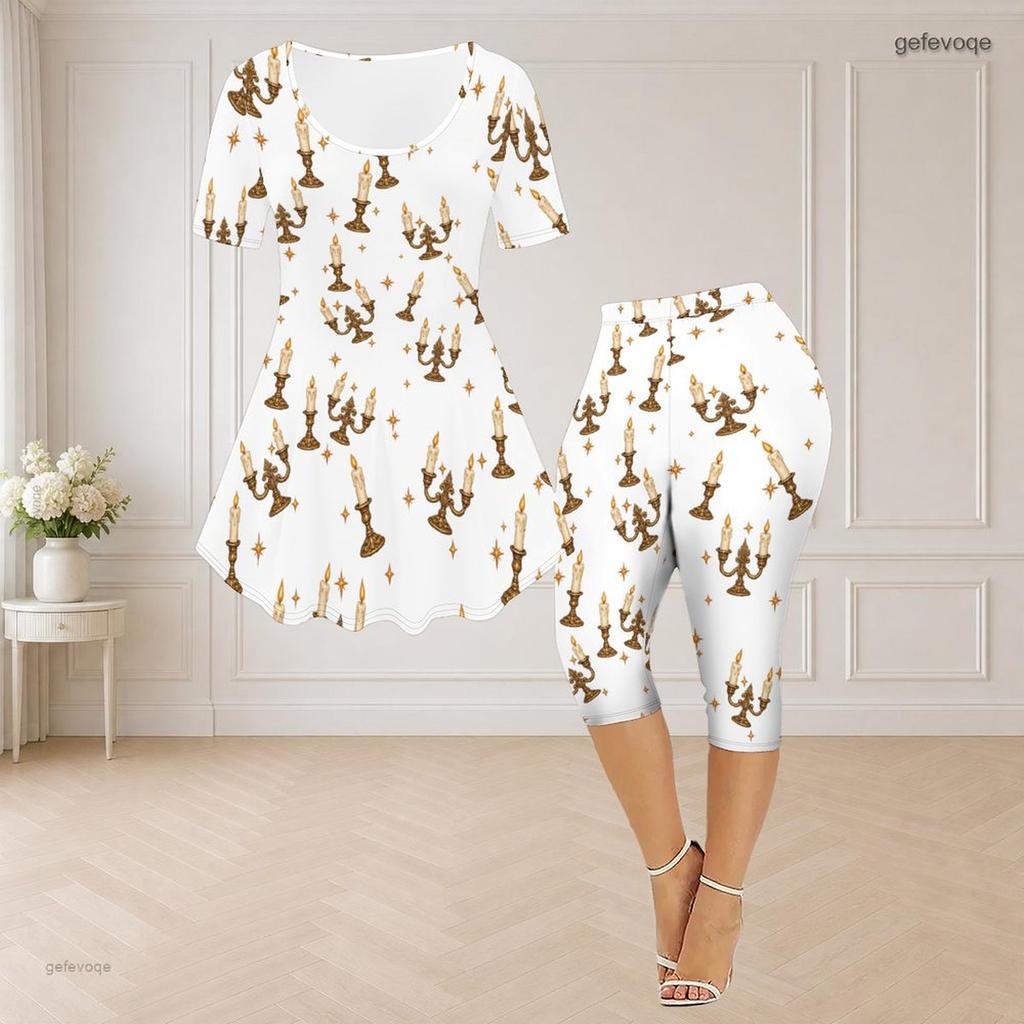 Women Plus Size Printed Round Neck Short Sleeve Flared Top Capri Pants Two Piece Pajama Set