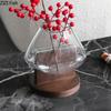 Creative Transparent Glass Vase Solid Wood Base Plant Pots Table Decoration Flower Arrangement Floral Vases Room Aesthetic Decor