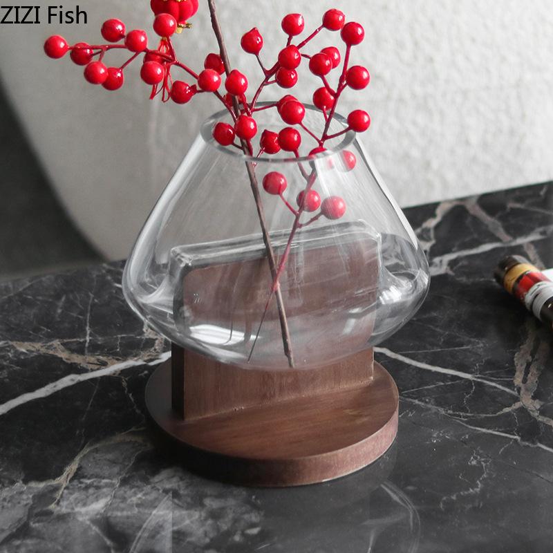 Creative Transparent Glass Vase Solid Wood Base Plant Pots Table Decoration Flower Arrangement Floral Vases Room Aesthetic Decor