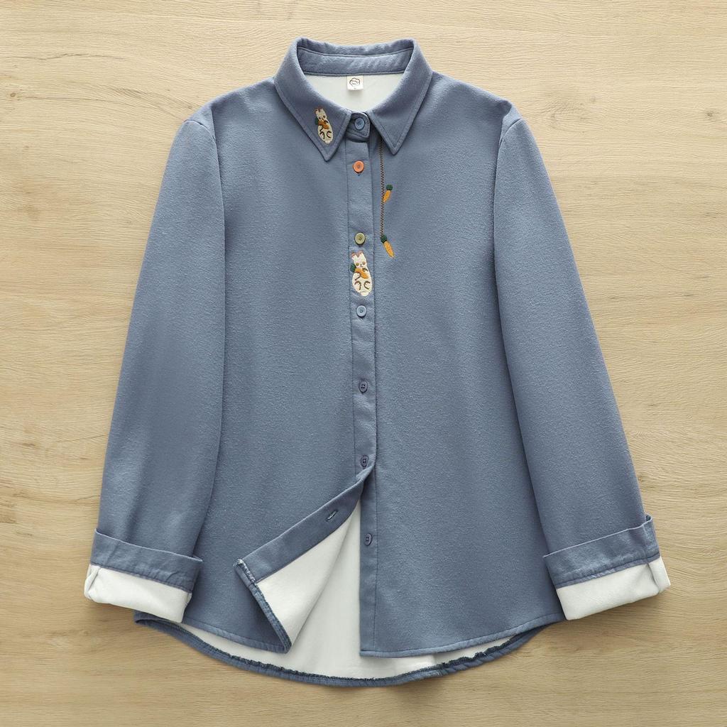 Women's Warm Autumn/Winter Velvet Shirt with Artistic Rabbit & Radish Embroidery