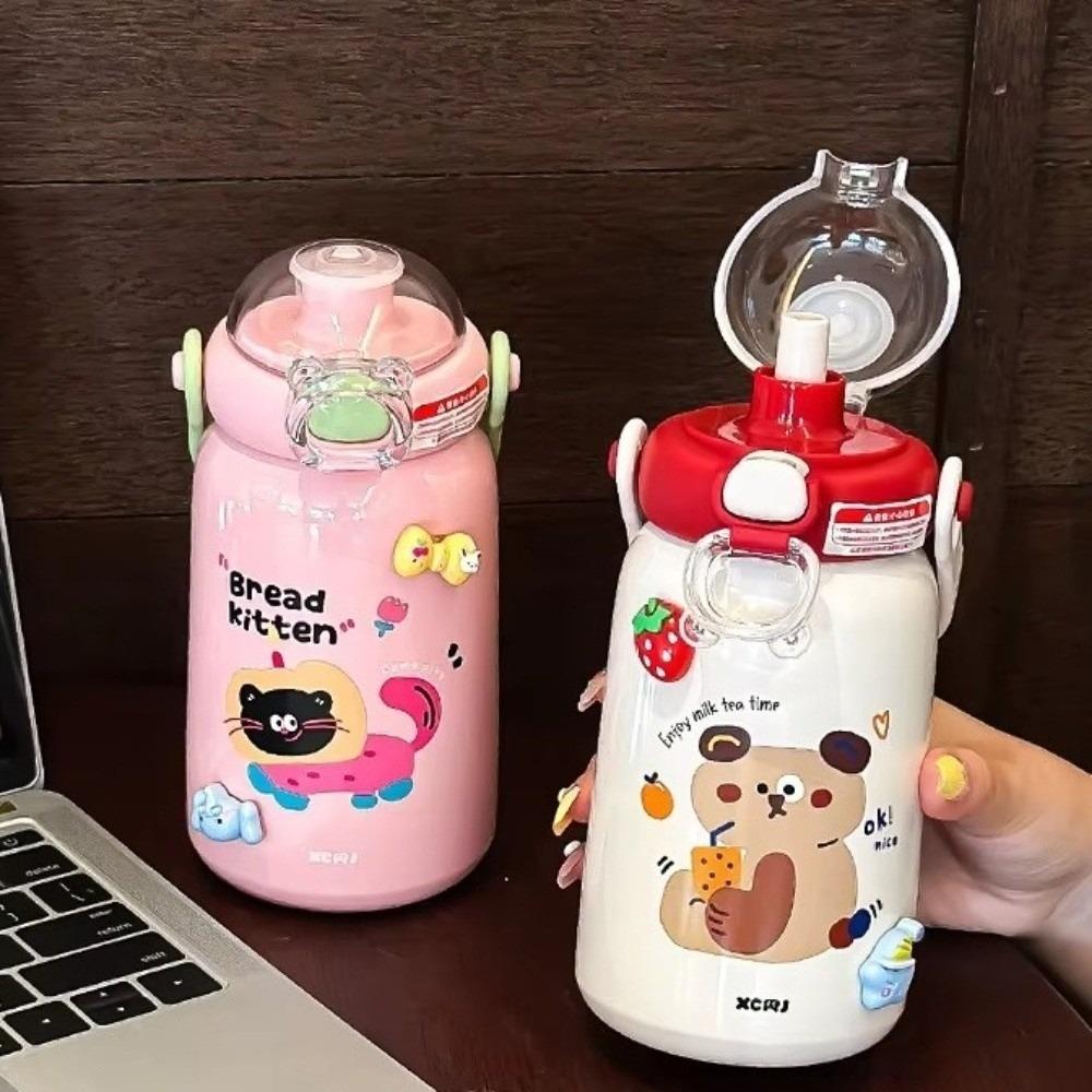Large Capacity Vacuum Cup Double Drinking Straw Coffee Cup Cute Student Water Cup  for Children