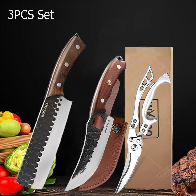WXCOO 1~3pcs Kitchen Butcher Knife Set Hand Forged Stainless Steel Scissor Knives for Cooking Cutter Bone Chopper Chef Knife