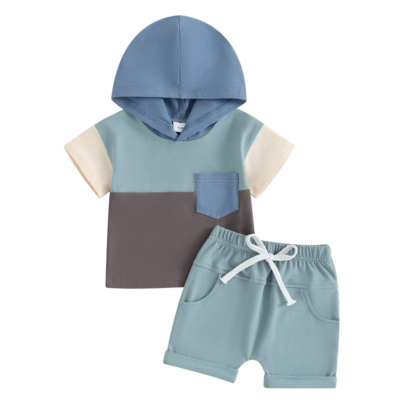 

Комплект одежды из 2 предметов для маленьких мальчиков, 6 мес, 12 мес, 18 мес, 24 мес, 3 года, футболка контрастного цвета с короткими рукавами и капюшоном и эластичные шорты, комплект летней одежды 2-3 Years синий