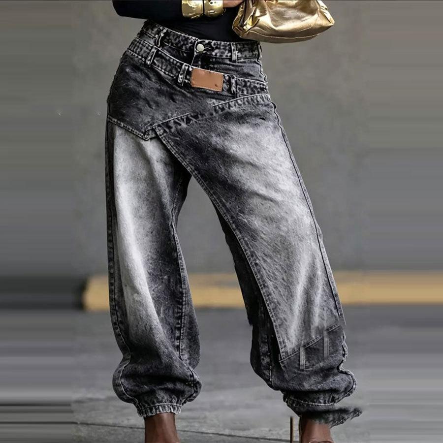 Five Fine Jeans Dames Vintage Wijde Pijpen Broeken Denims Gewassen Streetwear Patchwork Patches Rechte Broeken Slijtage Vloerlengte 2026 S