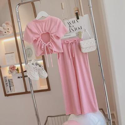 2024 Summer Girls' Korean Style T-Shirt & Wide-Leg Pants Suit