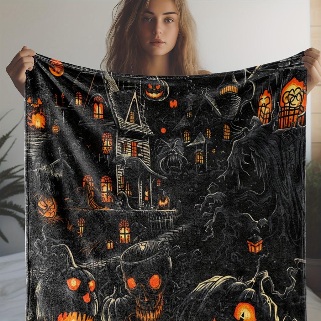 1pc Black Halloween Blanket Evil Pumpkin Castle Printed Skin-Friendly Soft Blanket 2025 New for Home Sofa Halloween Decoration
