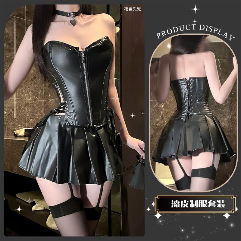 Sex underwear shapewear, bright leather skirts gather to show thin tube top, waist leather corset, zipper qqny
