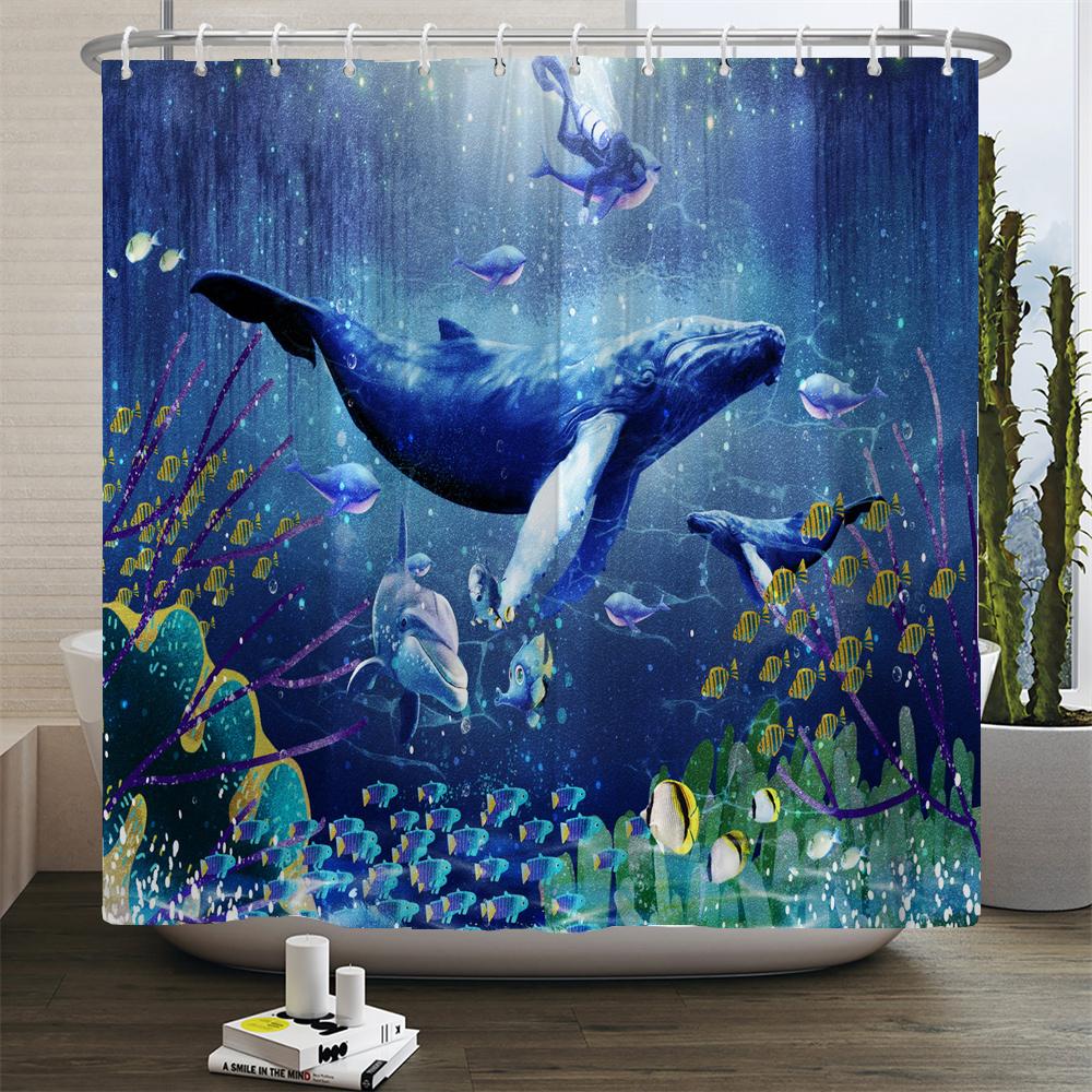 Ocean Underwater World Turtle Dolphin 3D Printing Shower Curtain Bathroom Curtain Waterproof Polyester Bath Curtains with Hooks