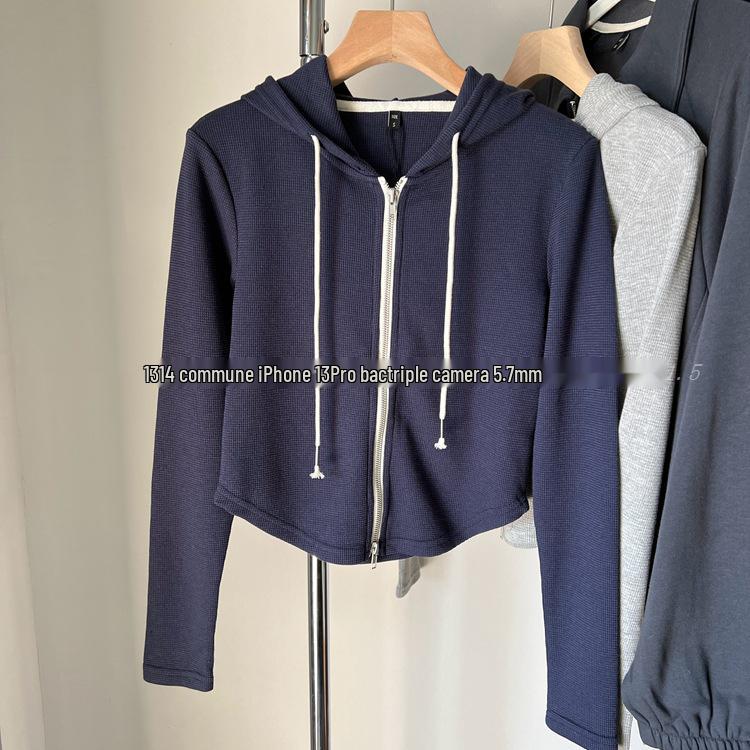 

Женское худи вафельной вязки с изогнутым низом, облегающего кроя, на двойной молнии - Повседневная куртка с длинным рукавом для весны 2XL (120-140 jin) синий