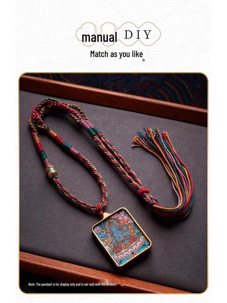 Tibetan Handmade Woven Rope Necklace with Five-Color Amulet and Thangka Pendant