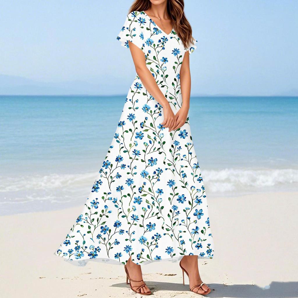 Women's Summer Casual Fashion Print Dresses V-Neck Short Sleeve Dresses