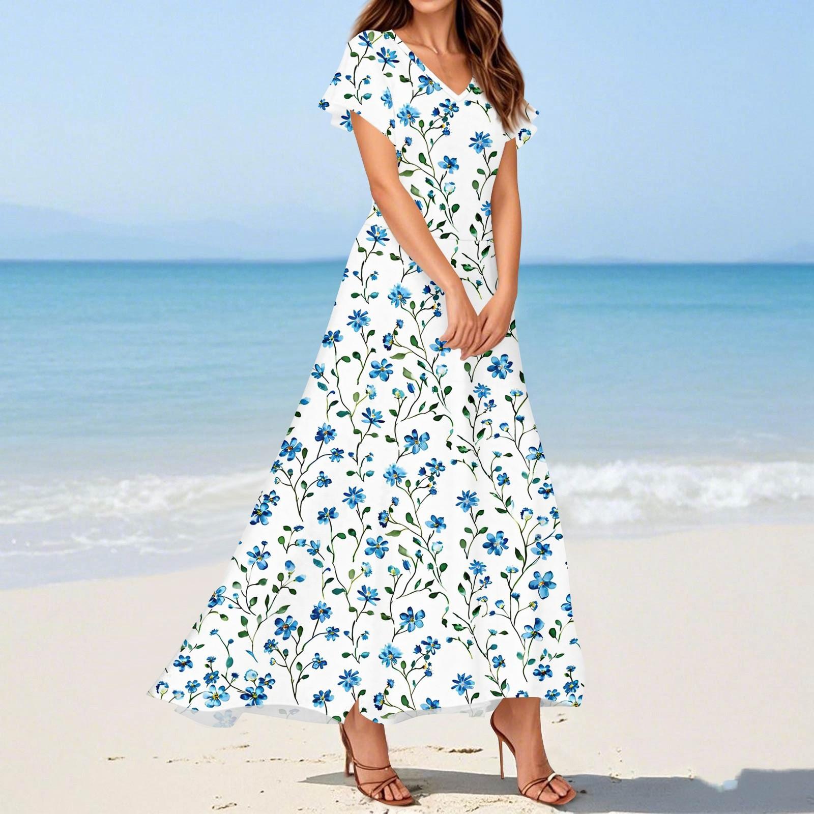 

Женские летние повседневные модные платья с принтом, платья с V-образным вырезом и коротким рукавом XS синий
