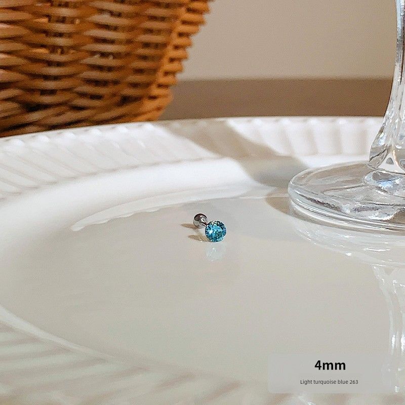 

4/6mm Flash Sterling Silver Screw Color Zircon Ear Studs [Full body sterling silver] light emerald blue S02