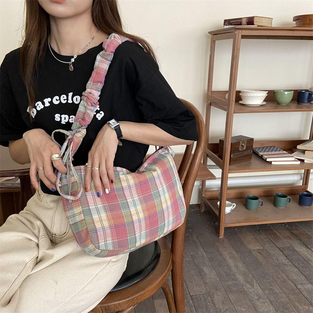 Bow Lattice Tote Bag Large Capacity Women Chic Underarm Bag Portable Pleated Dumpling Bag  Student